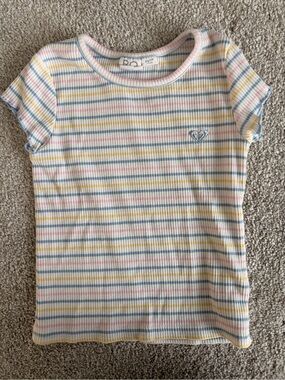 Roxy Pastel Striped Ribbed Short Sleeve Tee - Pink, Blue, Yellow
